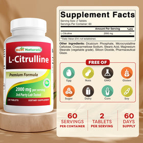 Comprimés de L-Citrulline 2000 mg de Best Naturals sur fond blanc
