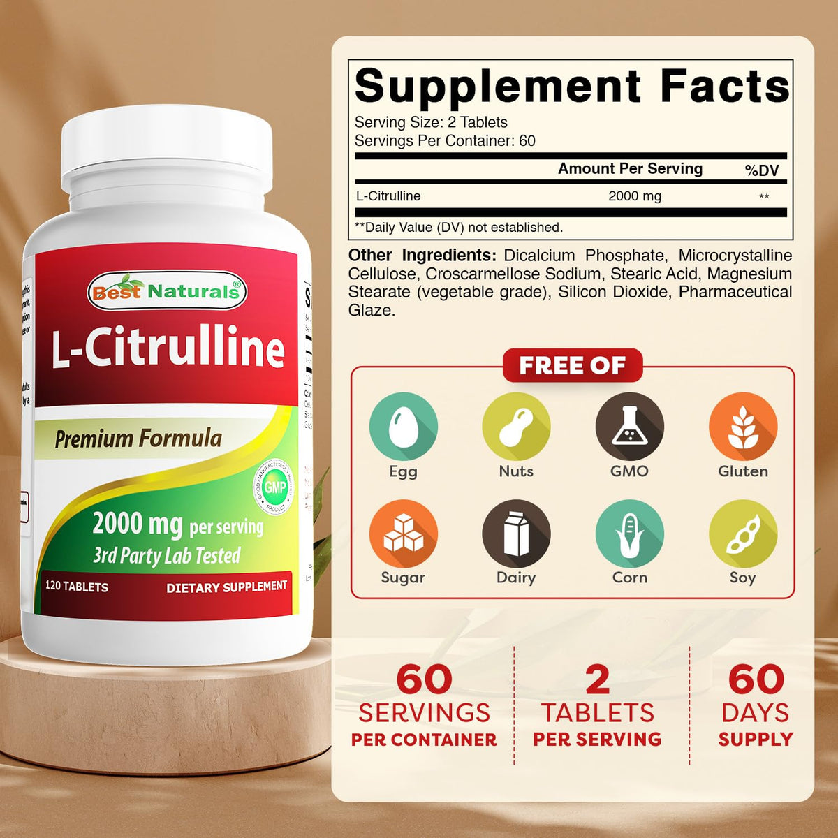 Comprimés de L-Citrulline Best Naturals sur une surface blanche