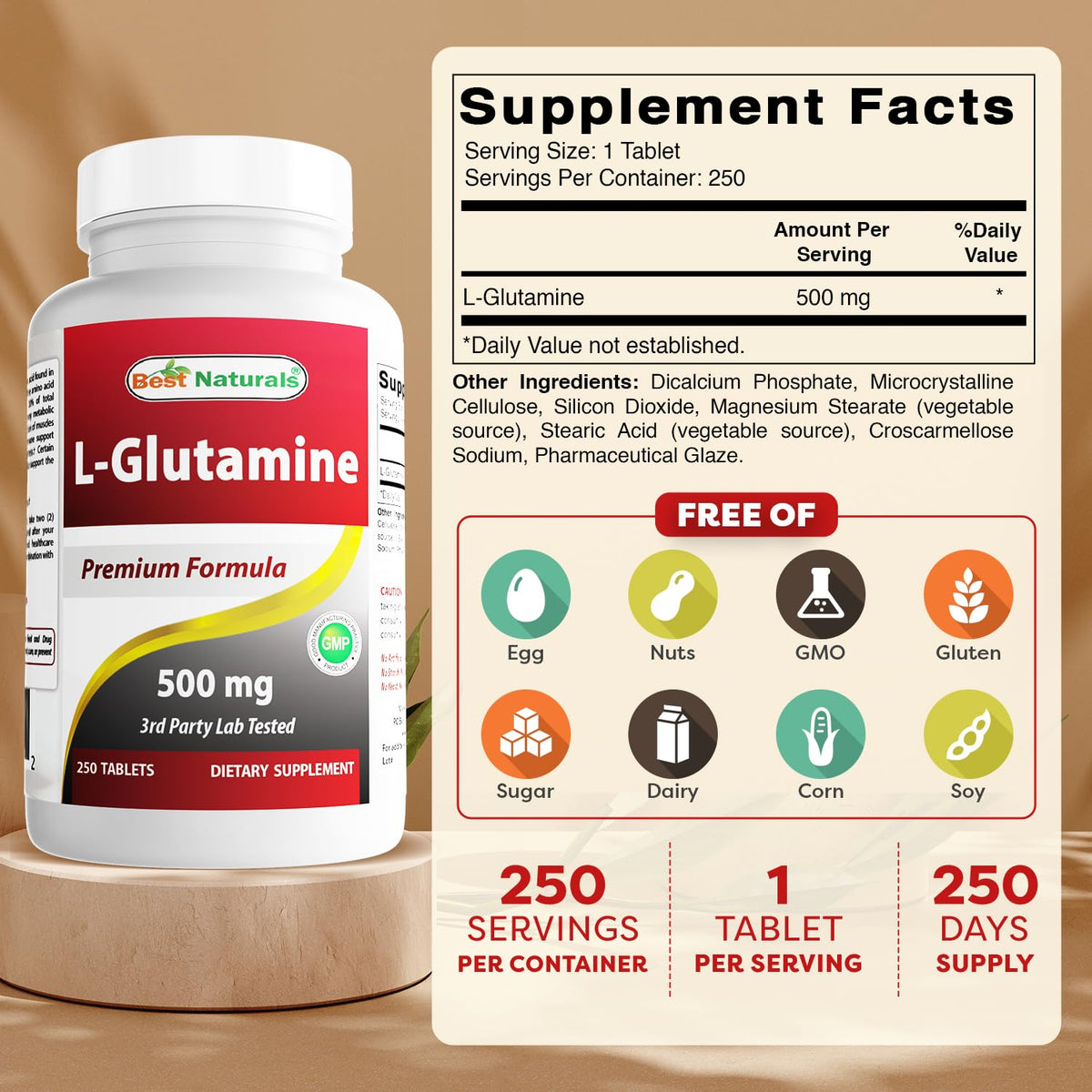 Comprimés de L-Glutamine Best Naturals sur une surface blanche