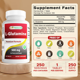 Comprimés de L-Glutamine Best Naturals sur une surface blanche