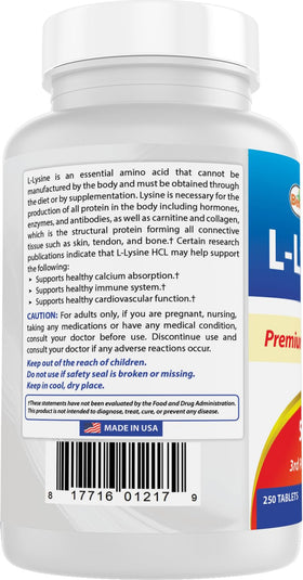 Comprimés de L-Lysine Best Naturals disposés sur une surface