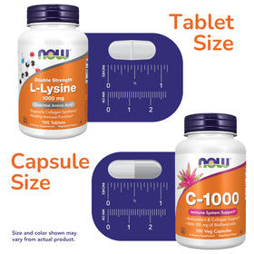 Comprimés de L-Lysine NOW Foods 1000mg sur une surface blanche