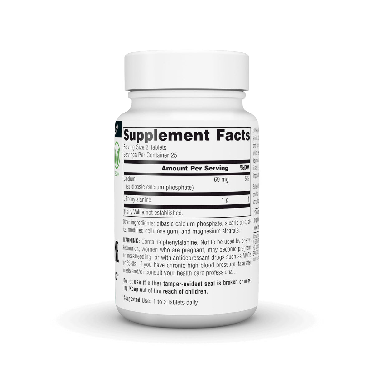 Comprimés de L-Phénylalanine Source Naturals sur une surface blanche