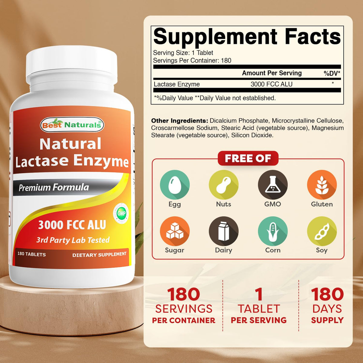 Comprimés de lactase Best Naturals sur une surface blanche