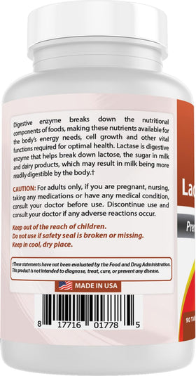 Comprimés de lactase Best Naturals, vue de dos du flacon