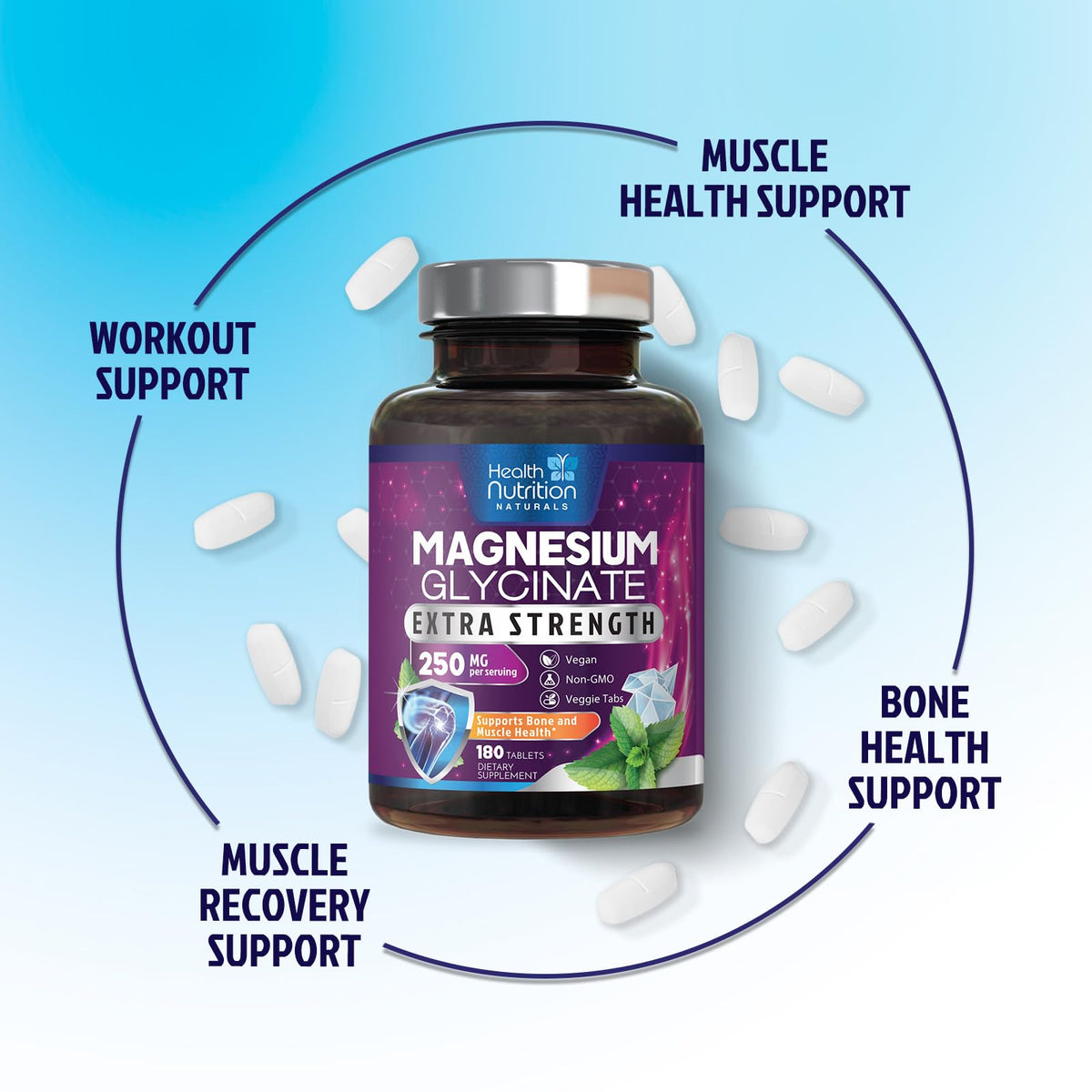 Comprimés de magnésium glycinate 250 mg dans une main