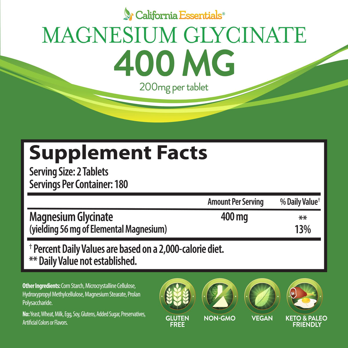 Comprimés de Magnésium Glycinate California Essentials sur une surface blanche