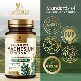 Comprimés de magnésium glycinate Nature's Nutrition sur une table en bois