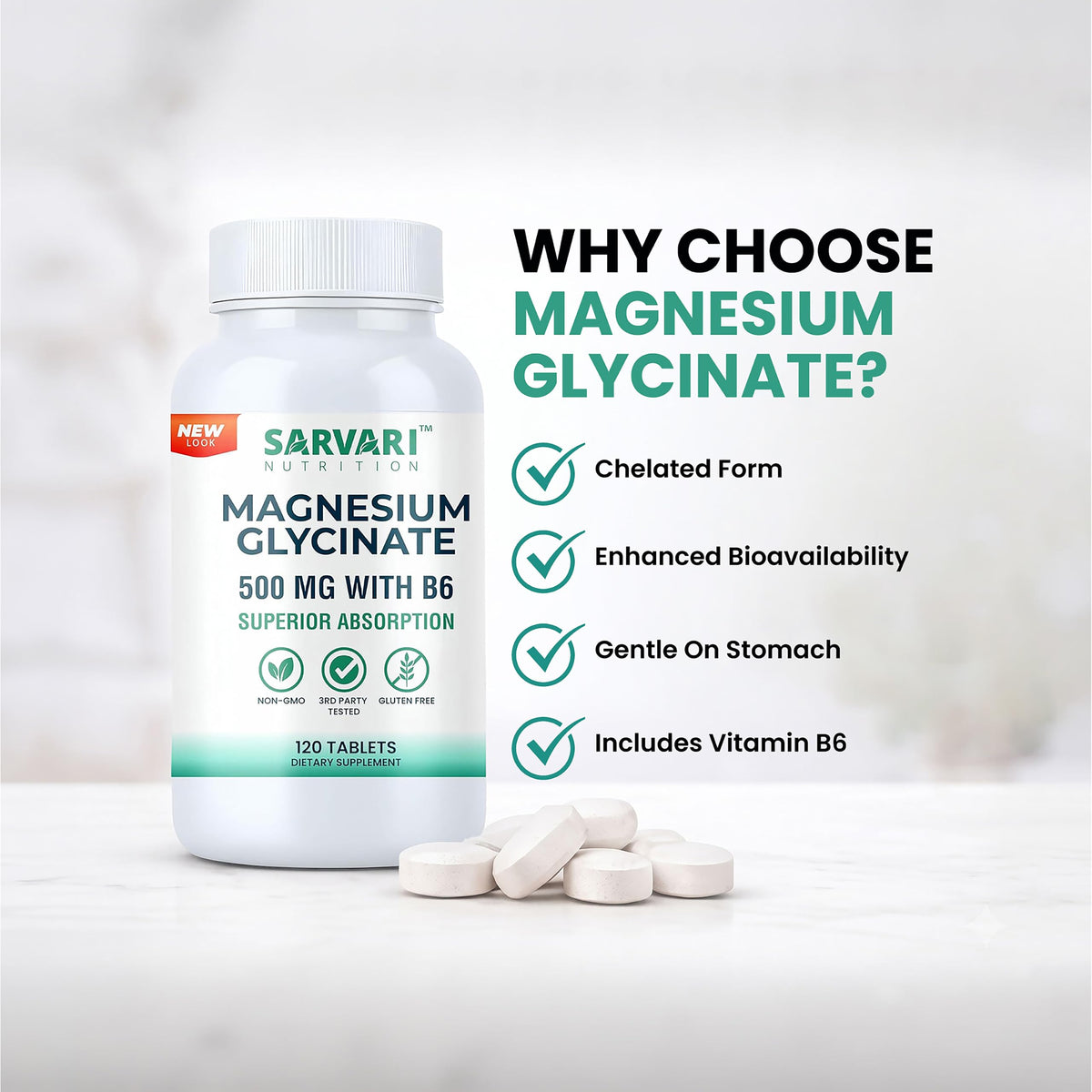 Comprimés de magnésium glycinate Sarvari Nutrition avec une cuillère