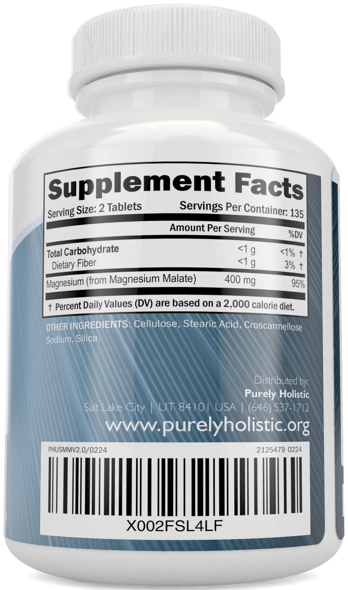 Comprimés de Magnésium Malate 400MG Purely Holistic sur une surface blanche