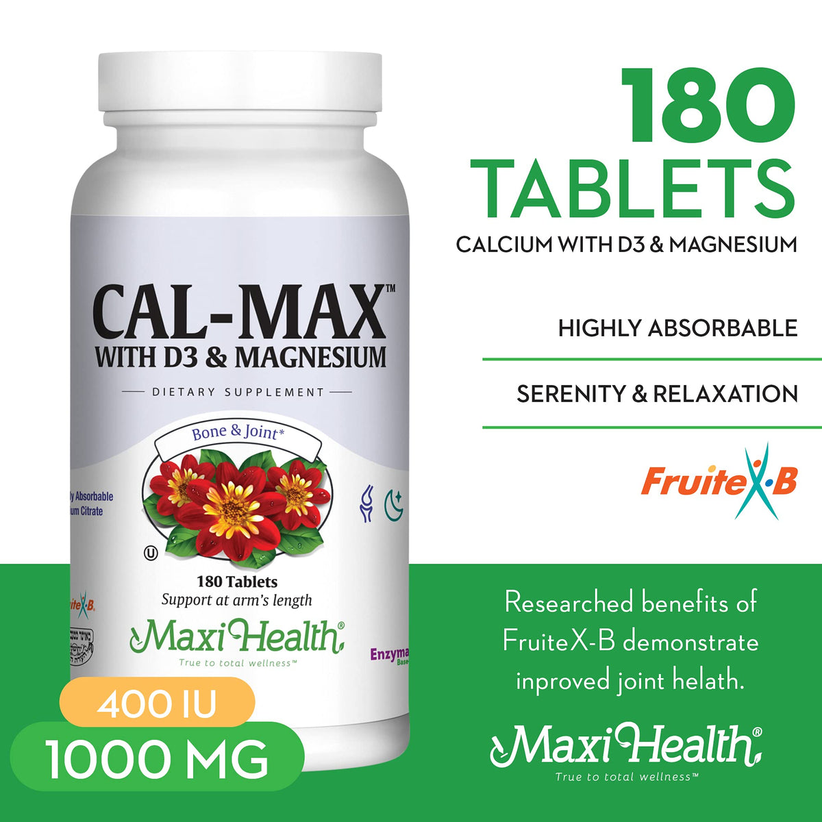 Comprimés de Maxi Health Cal Max Calcium sur fond blanc