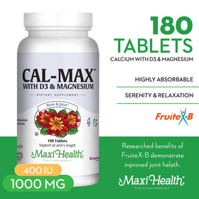 Comprimés de Maxi Health Cal Max Calcium sur fond blanc