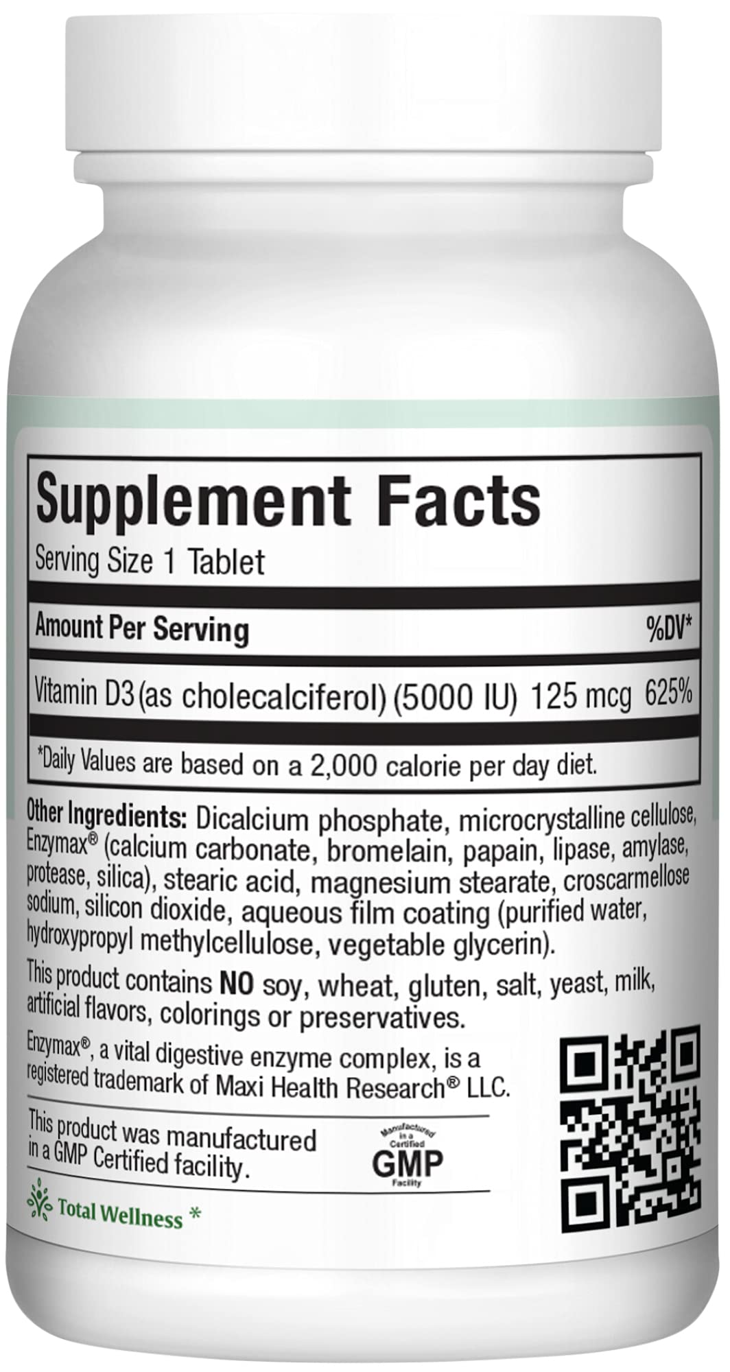 Comprimés de Maxi Health Vitamine D3 5000 UI sur fond blanc