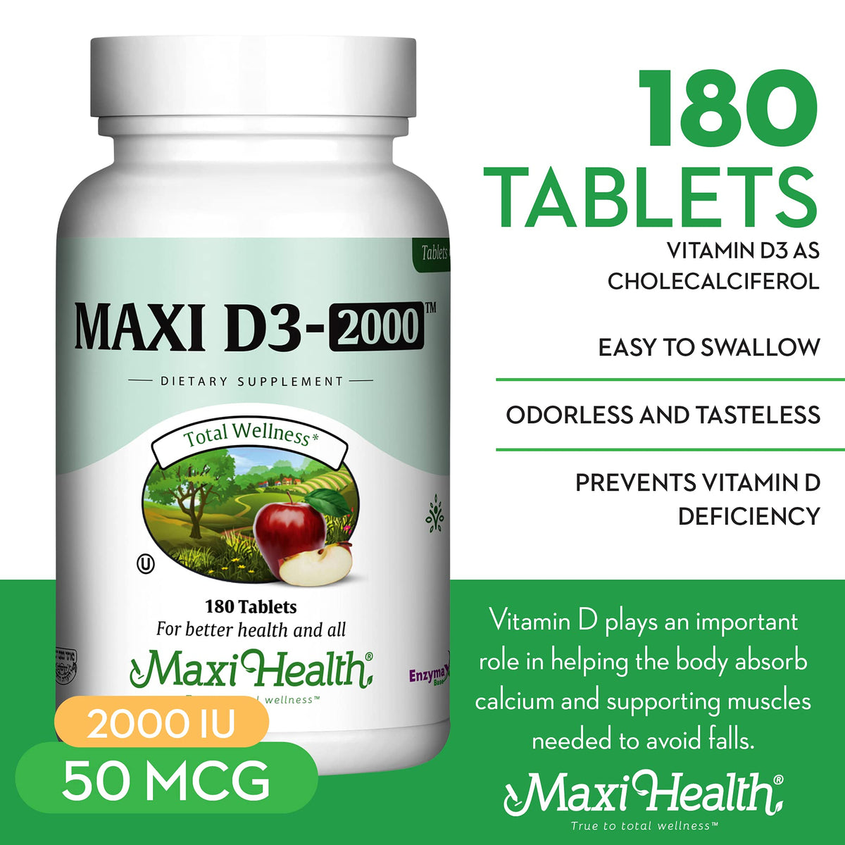Comprimés de Maxi Health Vitamine D3 sur une surface blanche