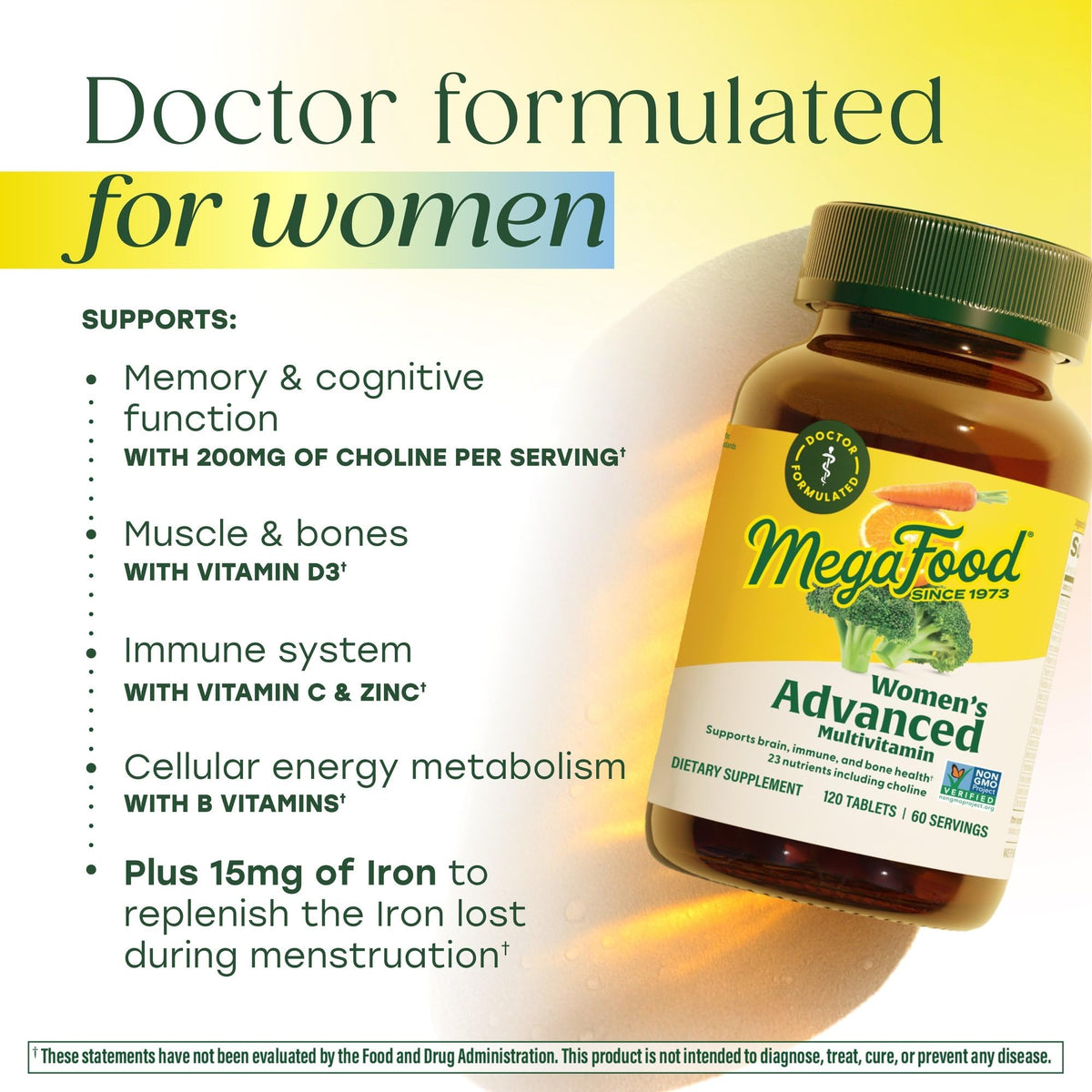 Comprimés de MegaFood Multivitamine Avancée pour Femmes sur une surface