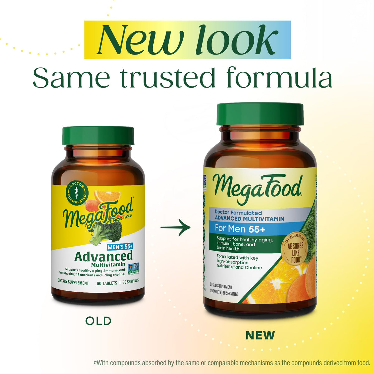 Comprimés de MegaFood Multivitamine Avancée pour Hommes 55+ sur une surface blanche