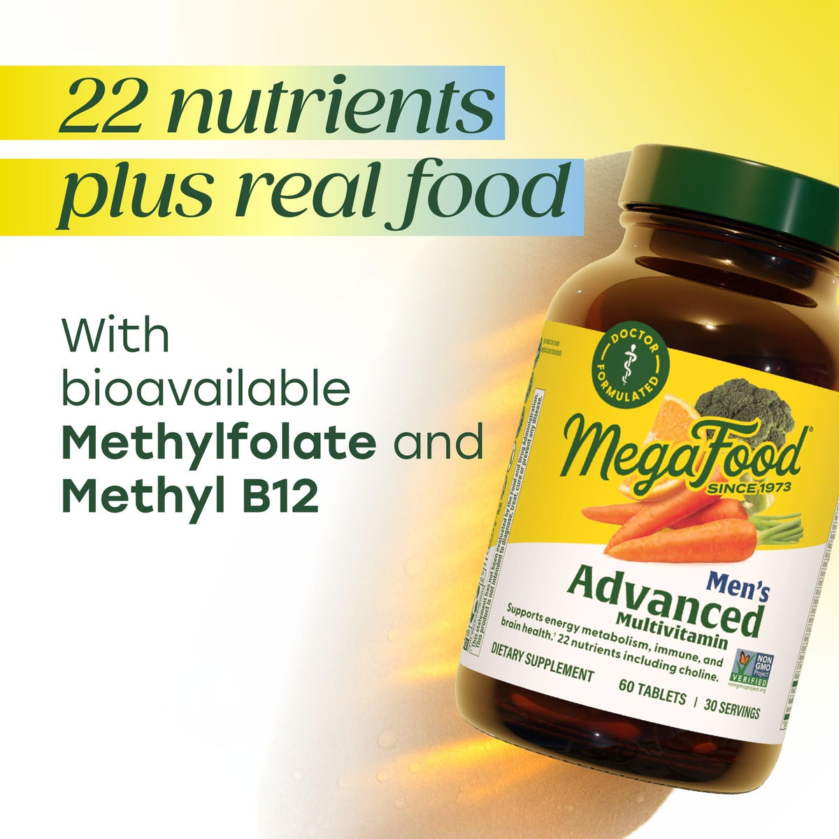 Comprimés de MegaFood Multivitamine Avancée pour Hommes sur une table