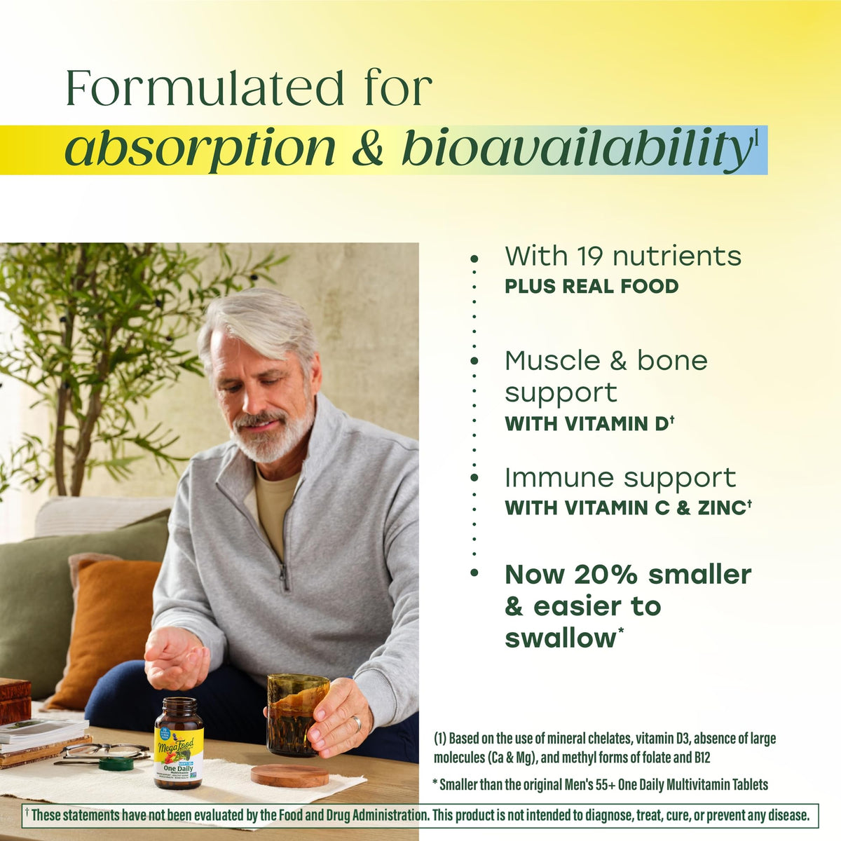 Comprimés de MegaFood Multivitamine Homme 55+ avec un verre d'eau