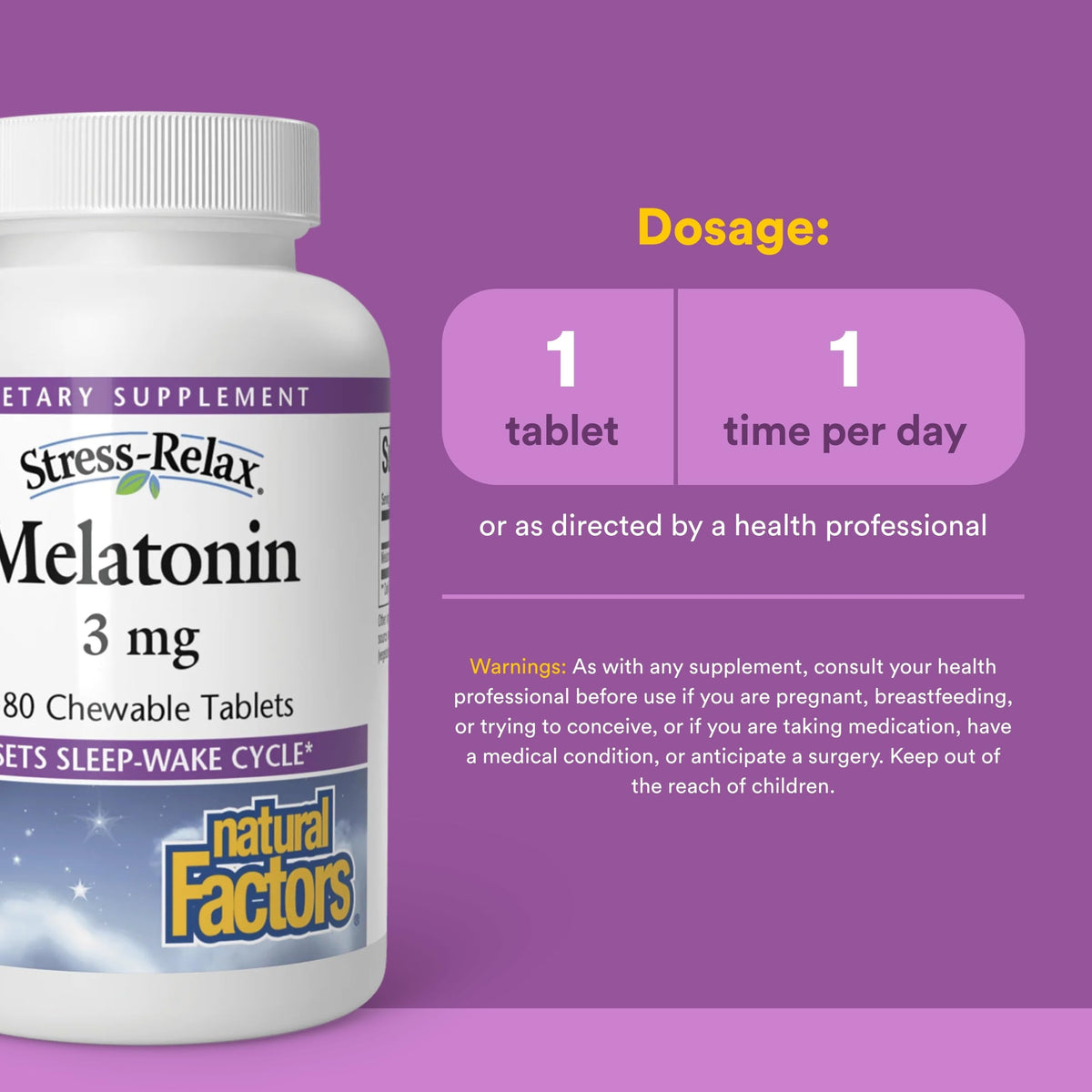 Comprimés de Melatonin 3 mg Natural Factors, vue rapprochée