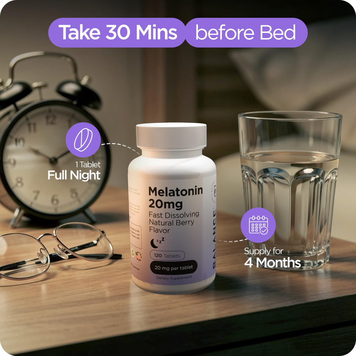 Comprimés de melatonine Balancebreens 20mg dans un verre d'eau