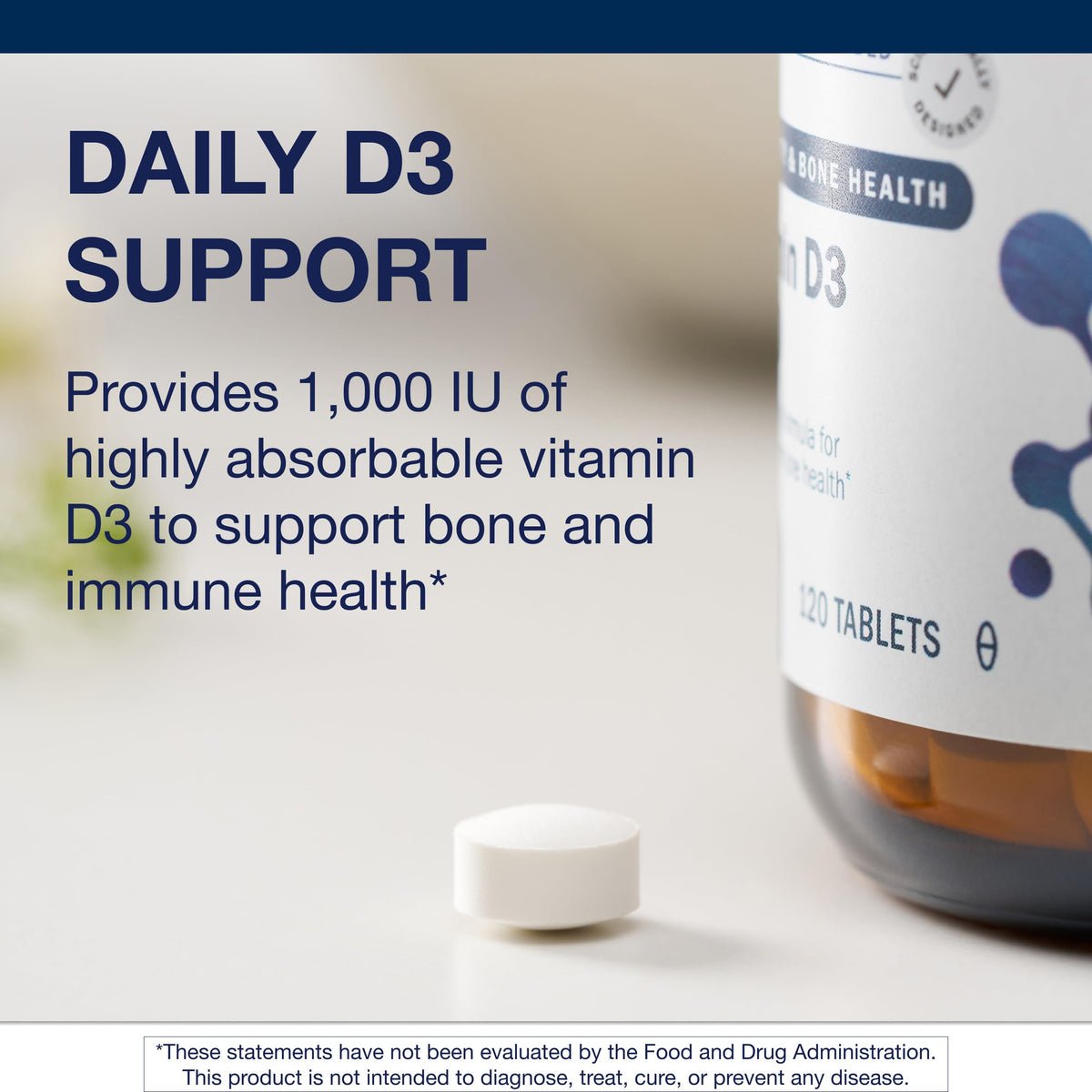 Comprimés de Metagenics Vitamine D3 1000 IU sur une surface