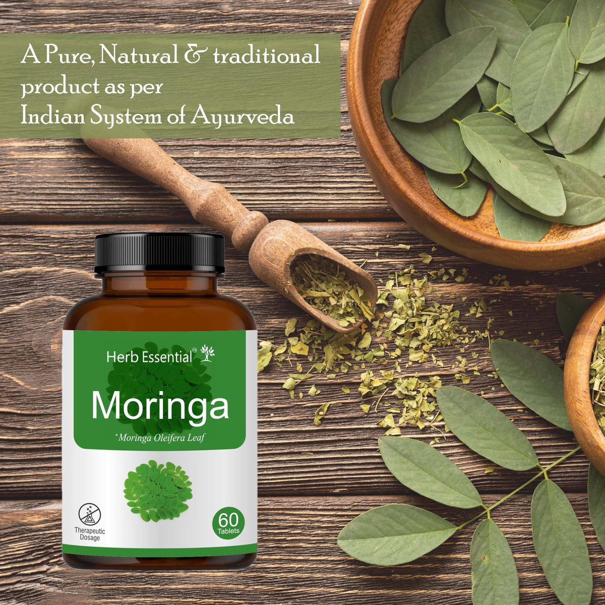 Comprimés de Moringa bio Herb Essential avec une cuillère pour dosage
