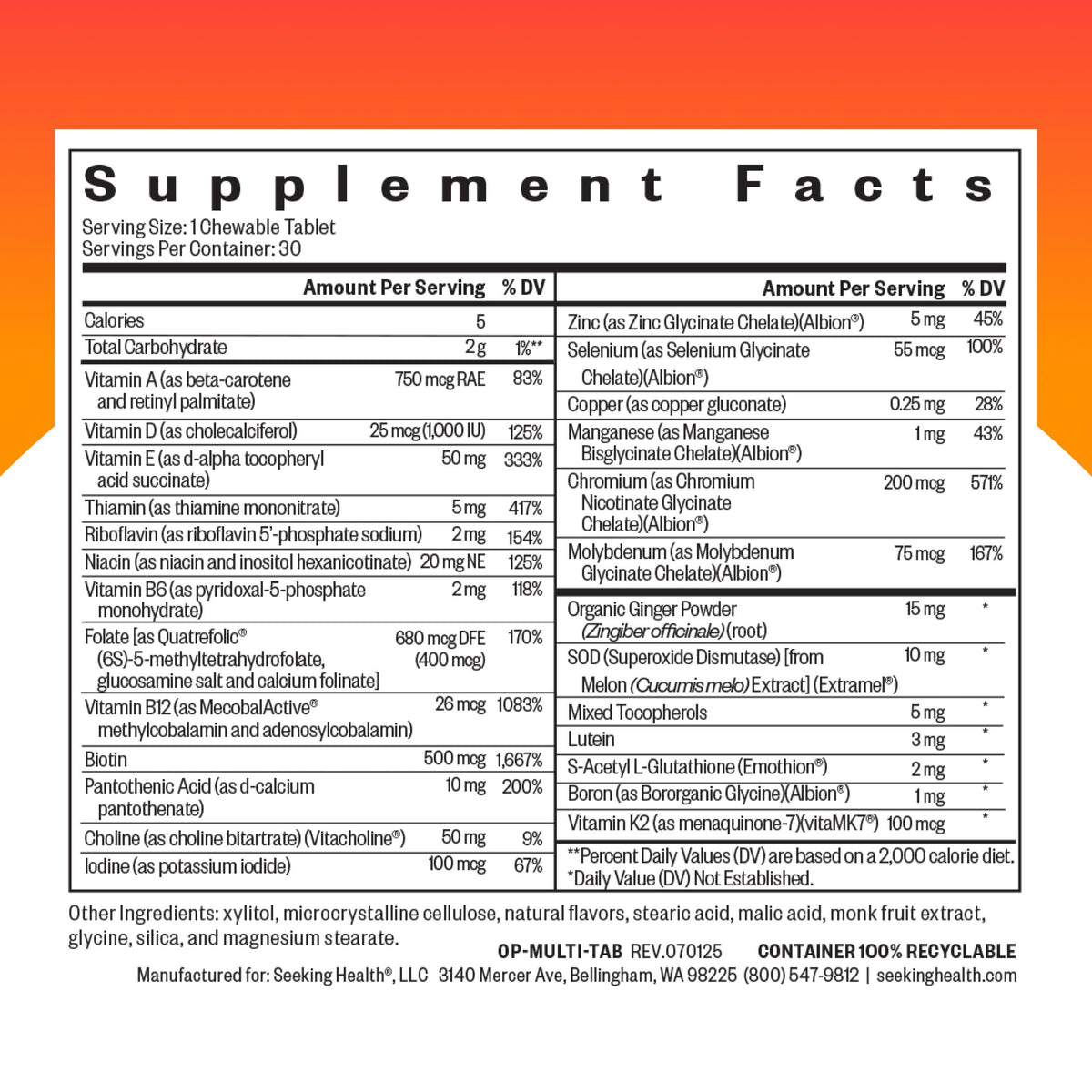 Comprimés de multivitamine à mâcher Seeking Health, vue de côté