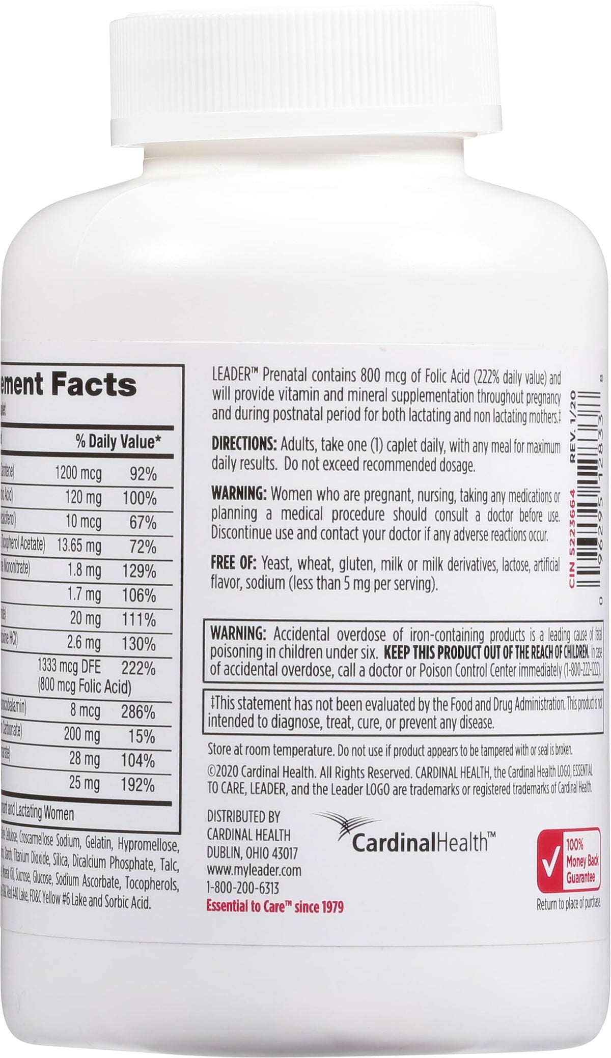 Comprimés de Multivitamine prénatale Leader sur fond blanc