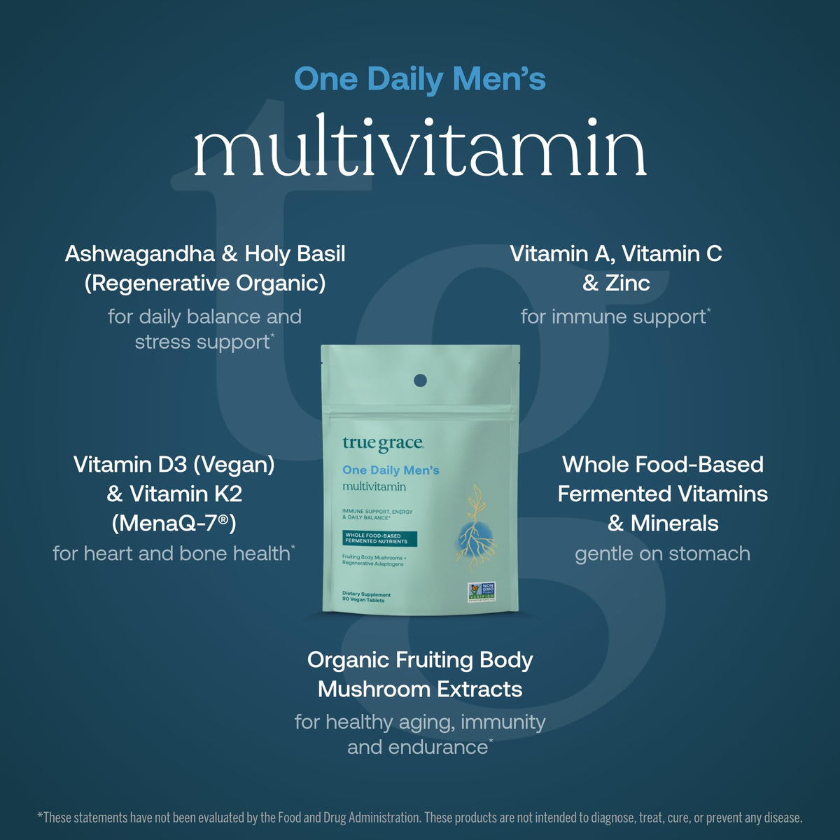Comprimés de multivitamine True Grace sur une surface en bois
