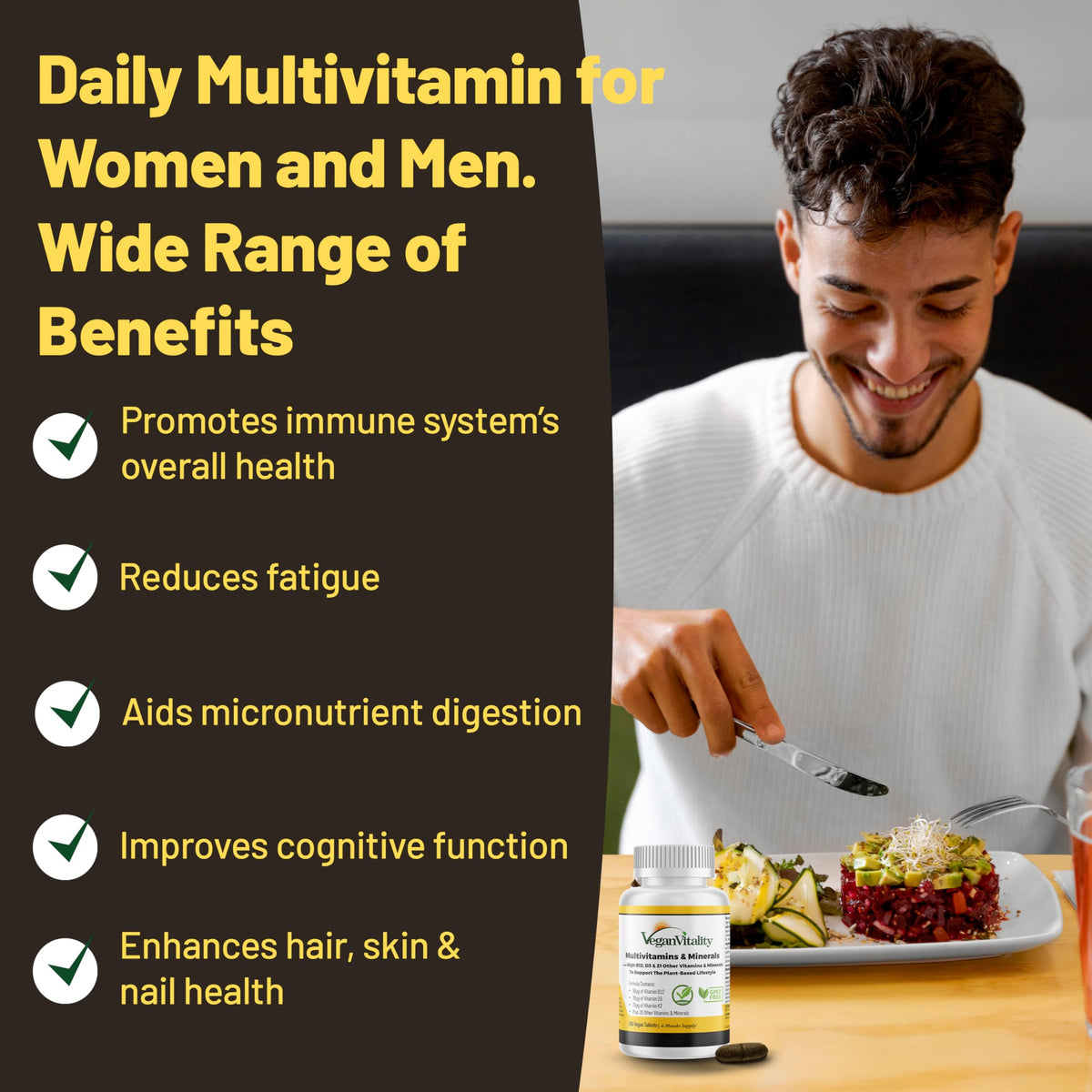 Comprimés de multivitamines Vegan Vitality sur une surface blanche