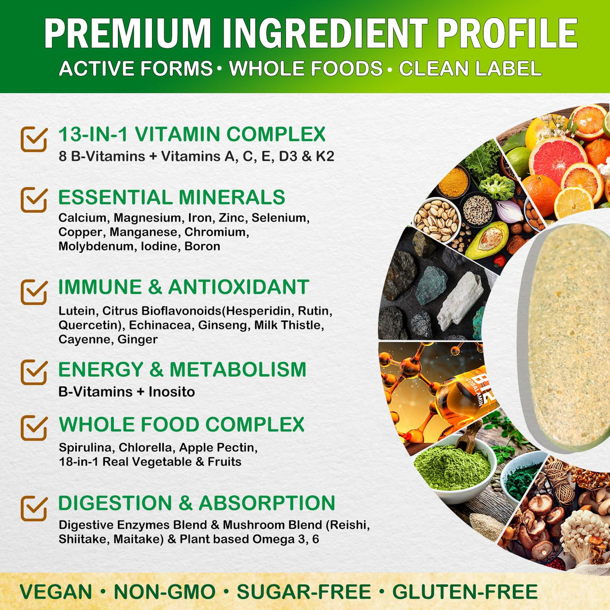 Comprimés de Multivitamines VEGEPOWER sur une table