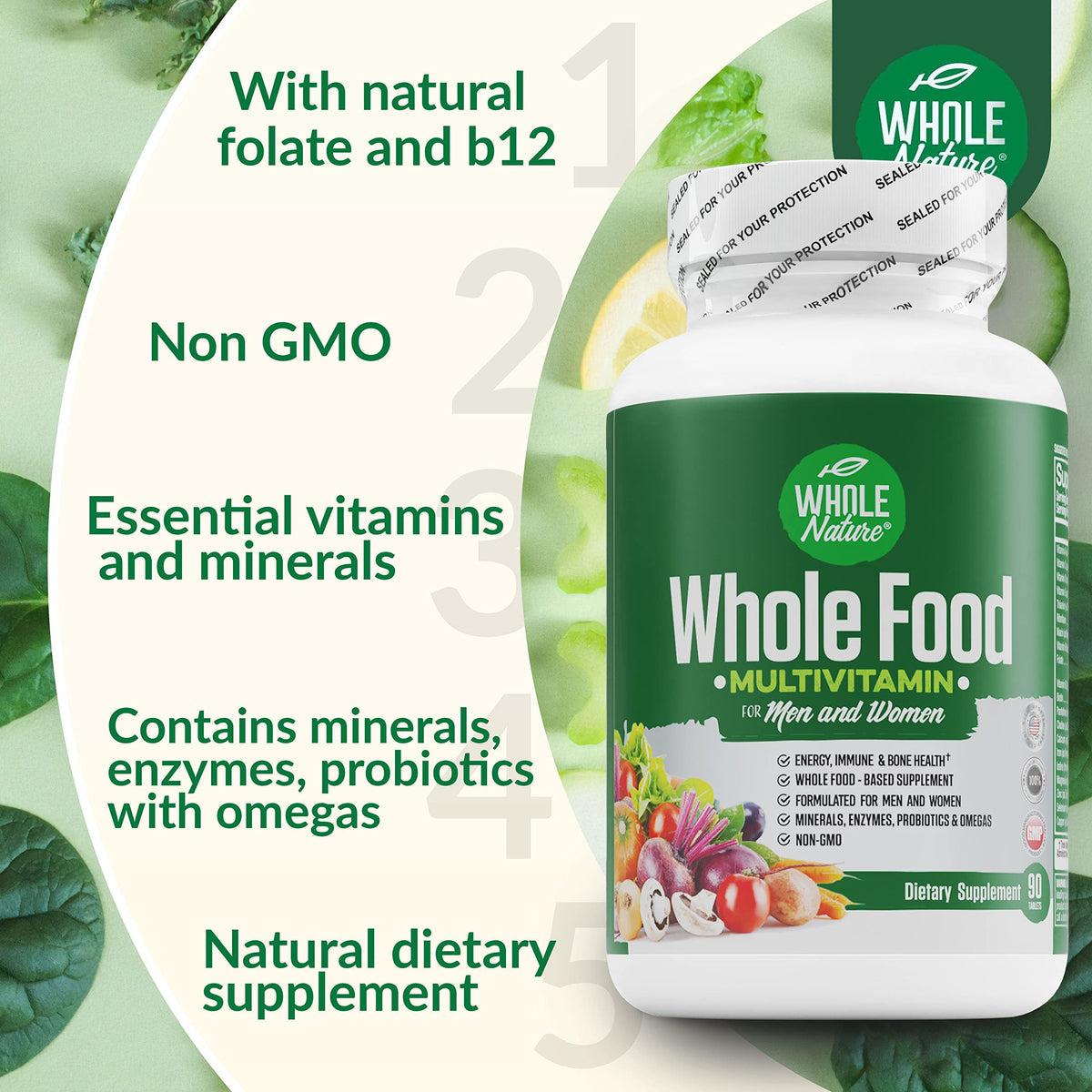 Comprimés de multivitamines Whole Nature en premier plan