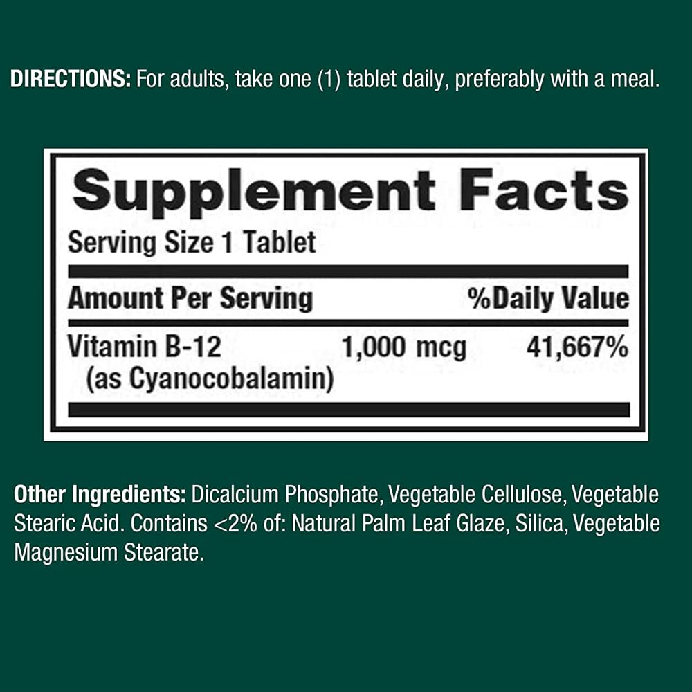 Comprimés de Nature's Bounty Vitamine B12 1000mcg sur une table