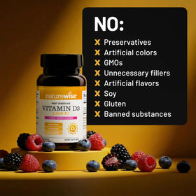 Comprimés de NatureWise Vitamine D3 5000 IU en gros plan