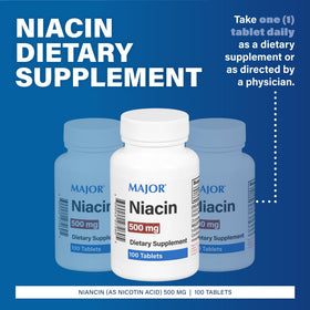 Comprimés de Niacine MAJOR 500mg sur une surface blanche