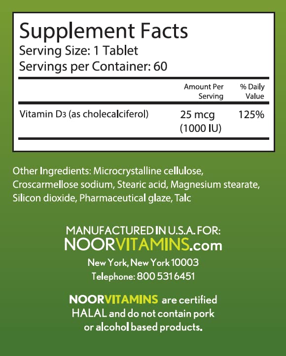 Comprimés de Noor Vitamins Vitamine D3 1000 IU sur une surface blanche