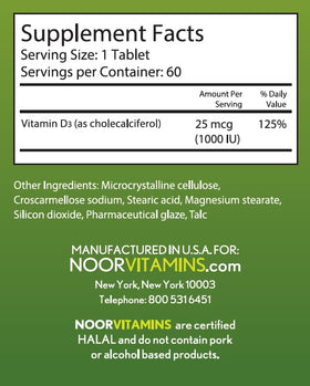 Comprimés de Noor Vitamins Vitamine D3 1000 IU sur une surface blanche