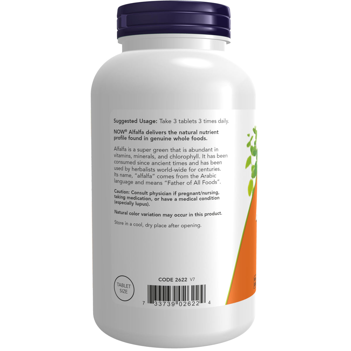 Comprimés de NOW Foods Alfalfa 650 mg sur une table