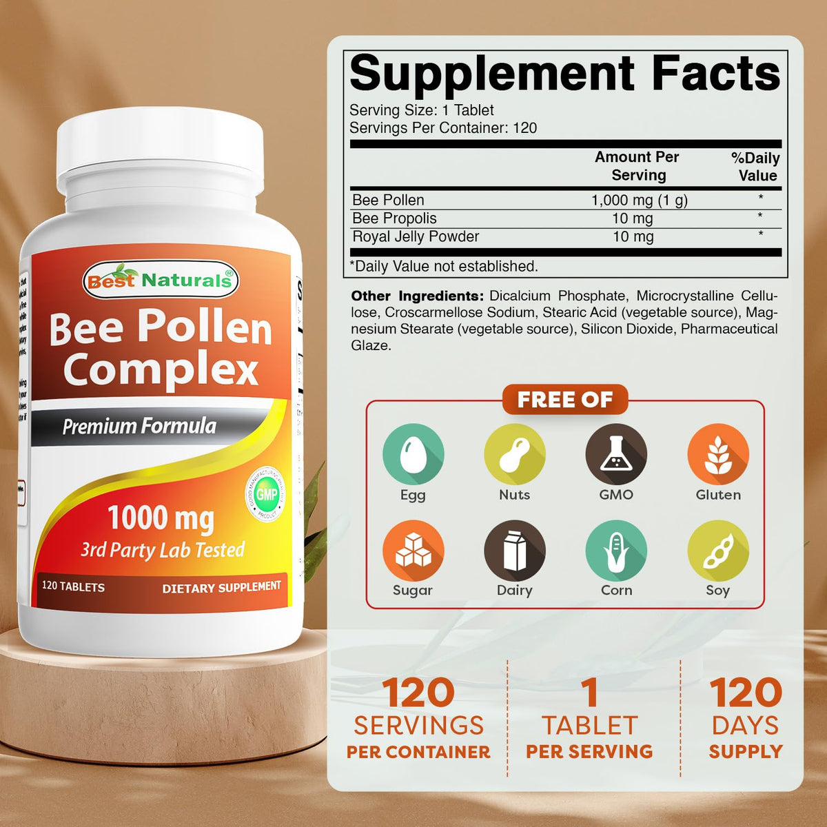 Comprimés de pollen d'abeille Best Naturals - Détail des ingrédients