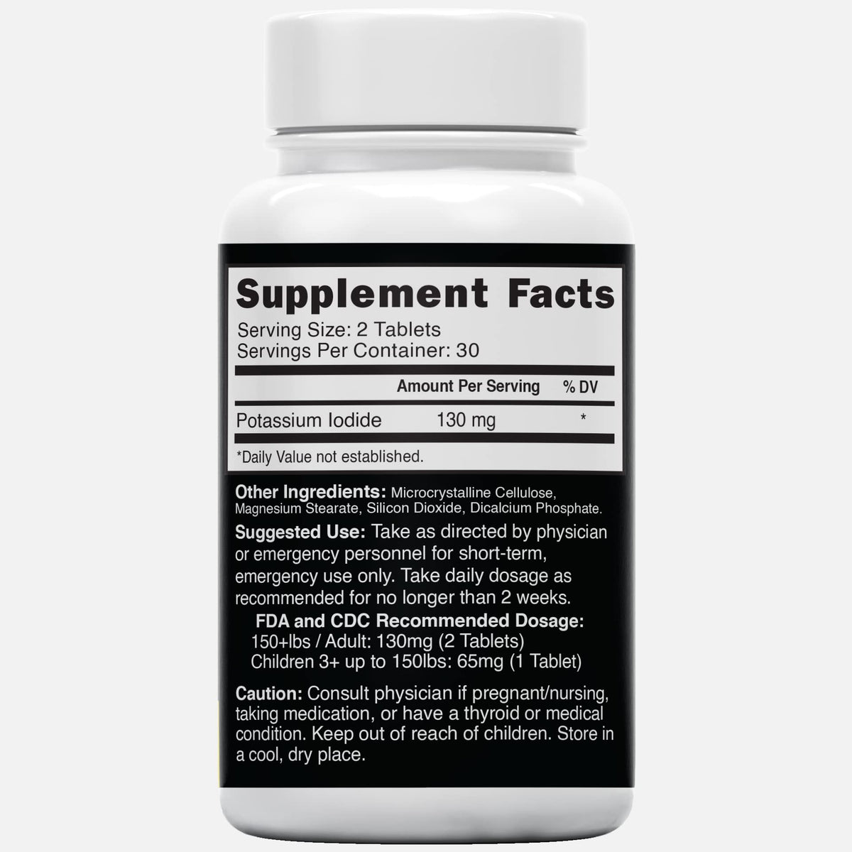 Comprimés de potassium iodé Nature's Fusions 130 mg sur une surface blanche