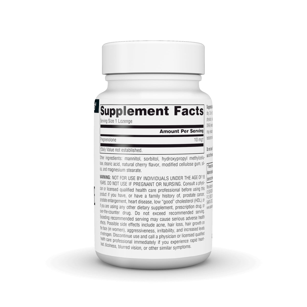 Comprimés de Pregnenolone 10 mg de Source Naturals sur fond blanc