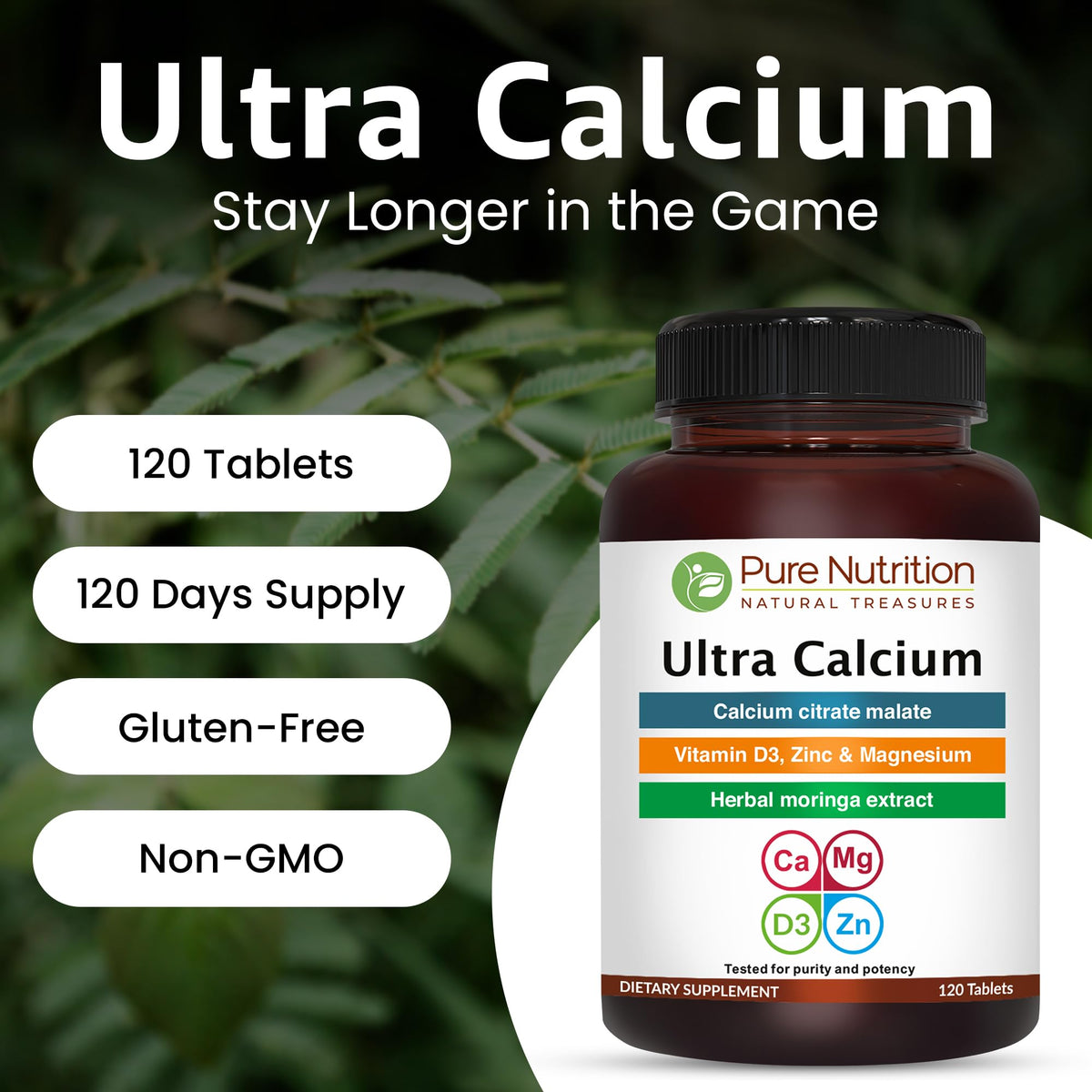 Comprimés de PURE NUTRITION Ultra Calcium 1000mg sur fond blanc
