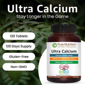 Comprimés de PURE NUTRITION Ultra Calcium 1000mg sur fond blanc