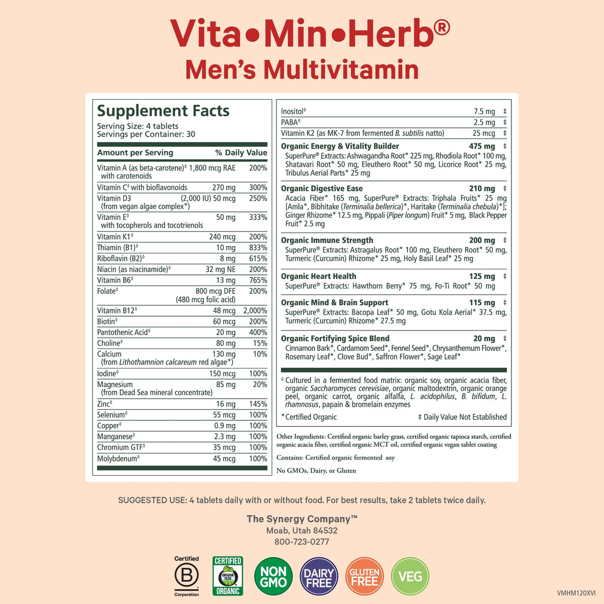 Comprimés de PURE SYNERGY Vita·Min·Herb sur fond blanc