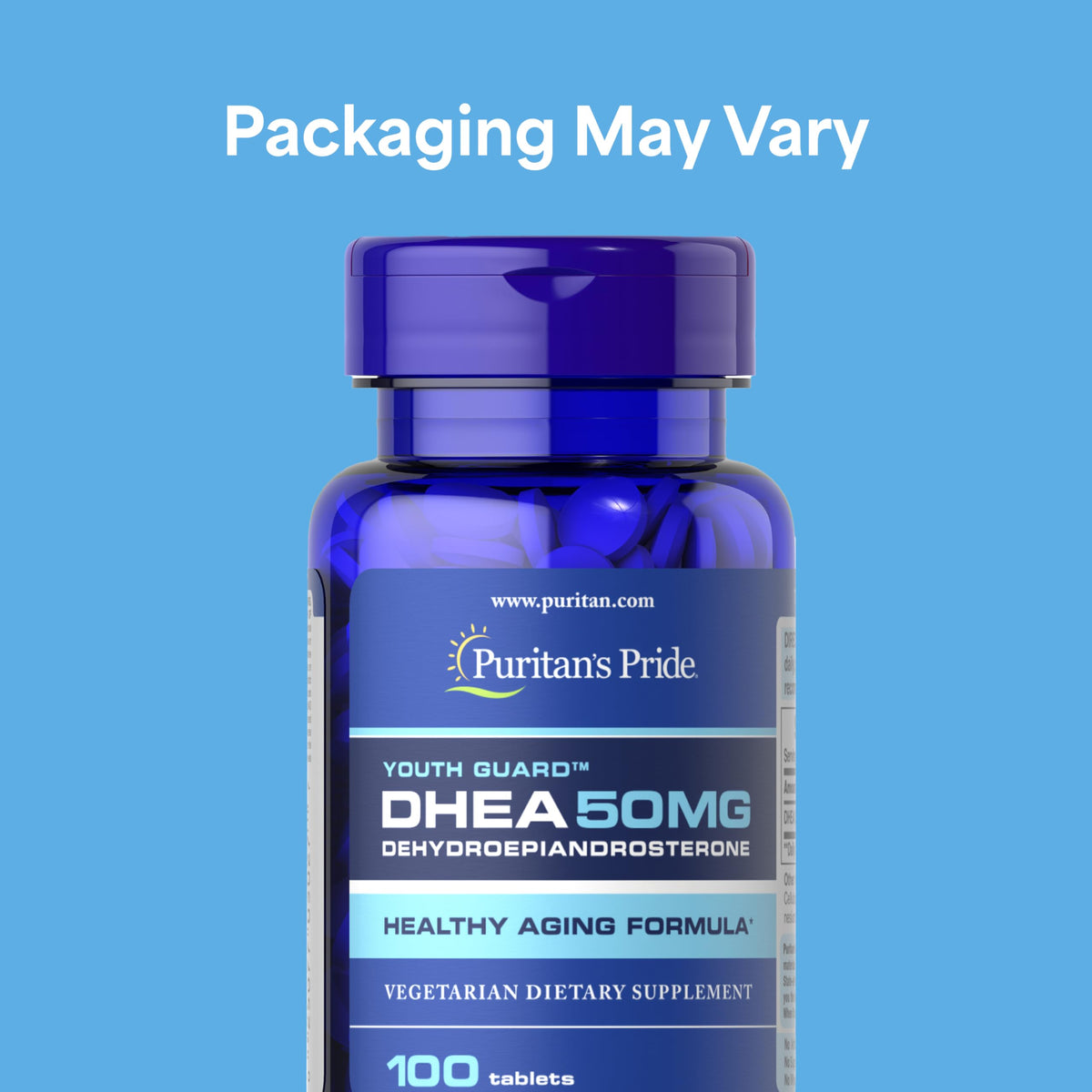 Comprimés de Puritan's Pride Youth Guard™ DHEA 50mg sur fond blanc