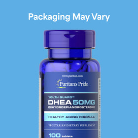 Comprimés de Puritan's Pride Youth Guard™ DHEA 50mg sur fond blanc