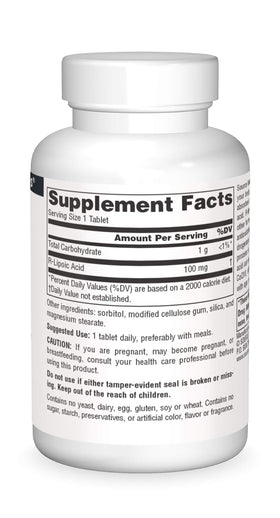 Comprimés de R-Lipoic Acid 100mg Source Naturals sur fond blanc