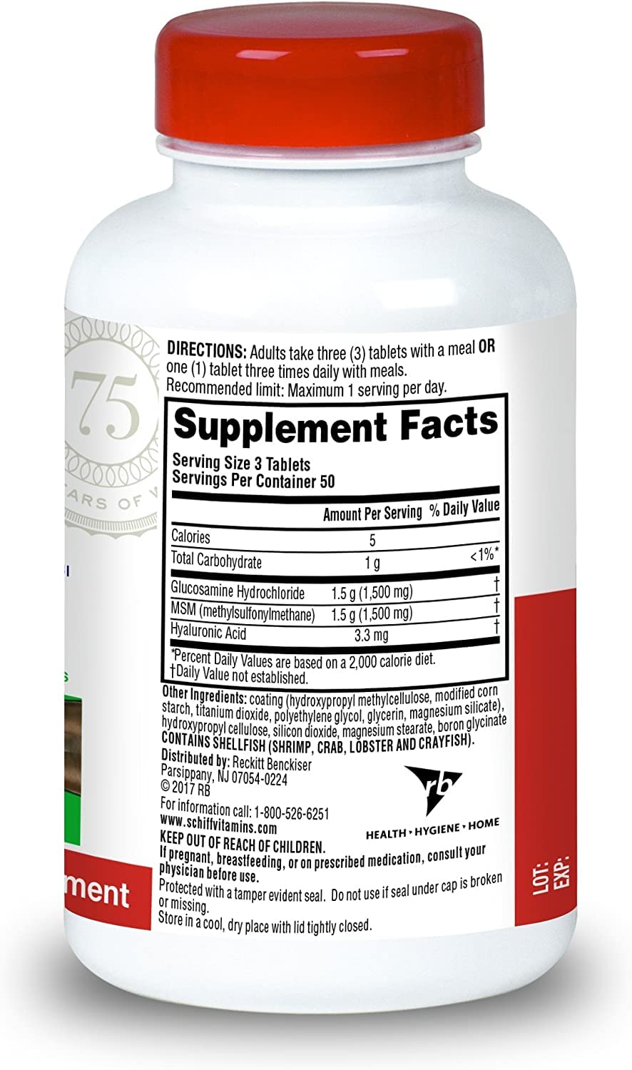 Comprimés de Schiff Glucosamine 1500mg sur une surface blanche, montrant le format des comprimés