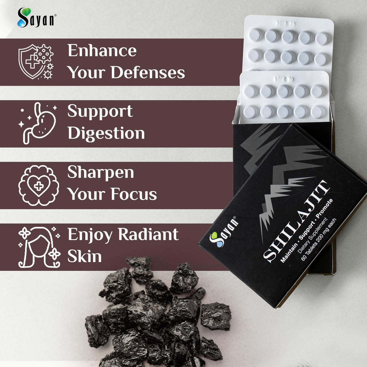 Comprimés de Shilajit Sayan sur une table en bois