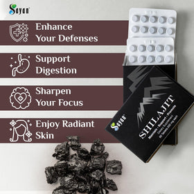 Comprimés de Shilajit Sayan sur une table en bois